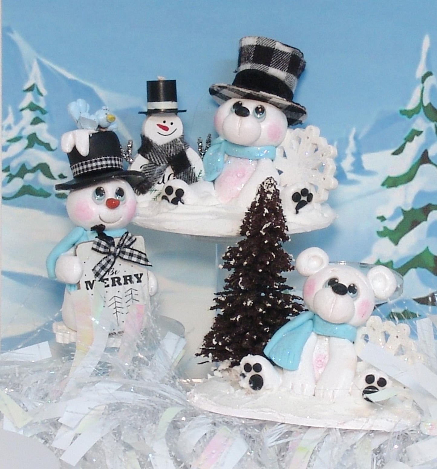 Snowman Figurine with sign and Bluebird - HANDMADE Polymer Clay Figurine