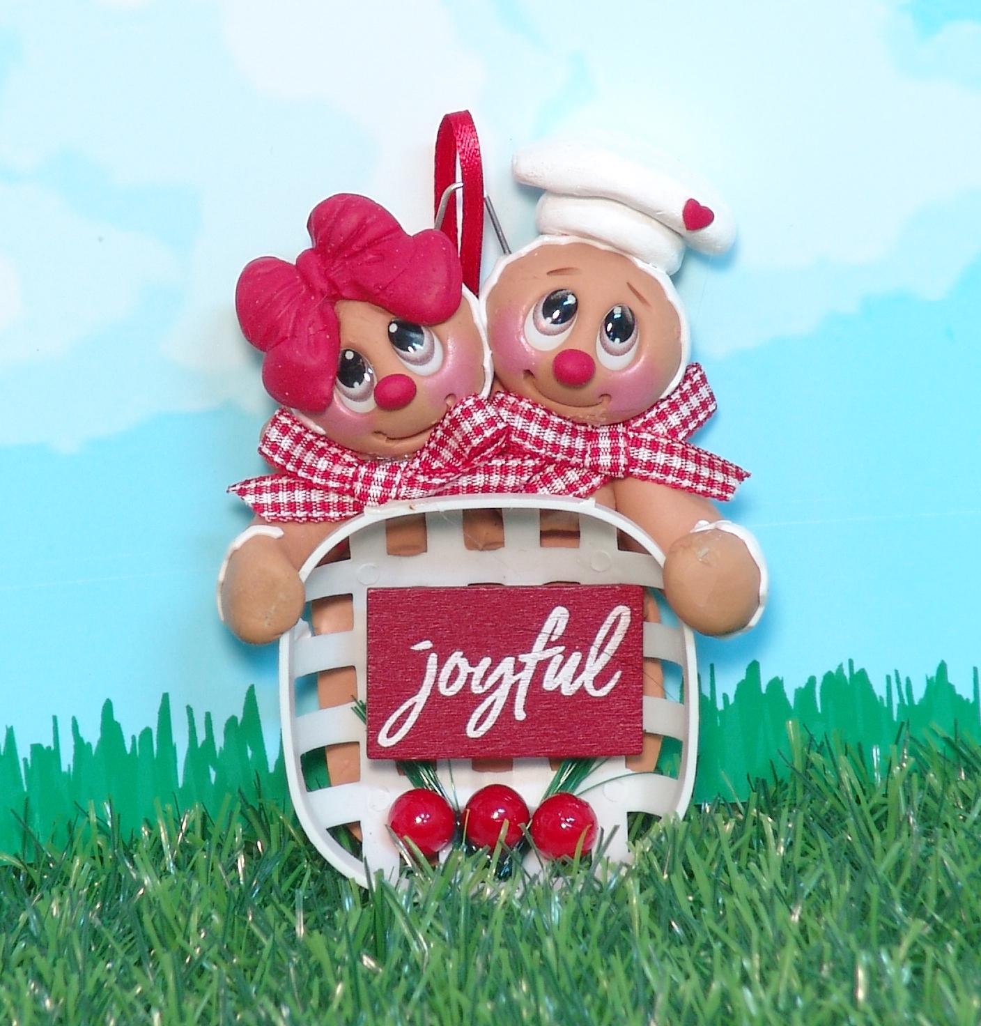 Gingerbread Couple Holding Basket with "Joyful" sign. HANDMADE POLYMER CLAY Gingy Personalized Christmas Ornament