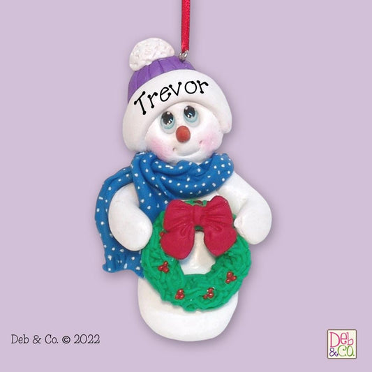 Snowman with Wreath - HANDMADE Personalized Polymer Clay Christmas Ornament