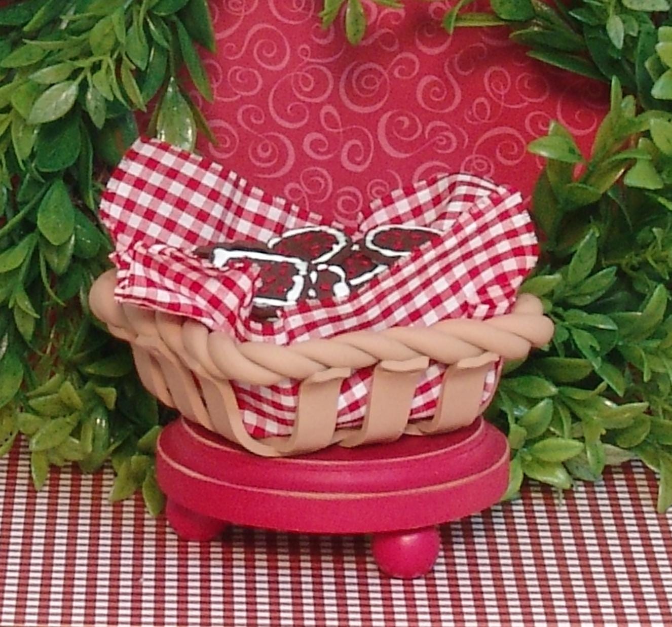 Square Bread Basket HANDMADE POLYMER CLAY with Red Gingham Fabric