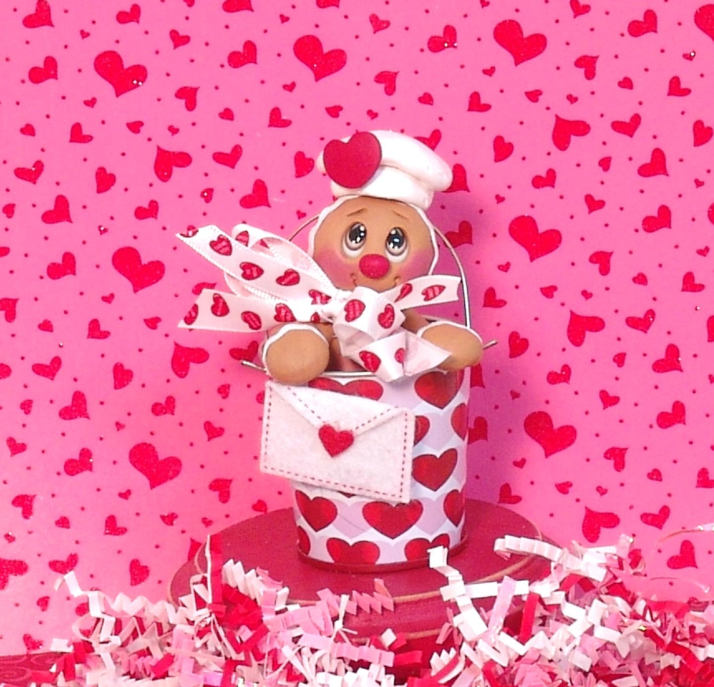 Valentine Gingy Gingerbread Figurine in Valentine Bucket Handmade Polymer Clay Valentine Decor