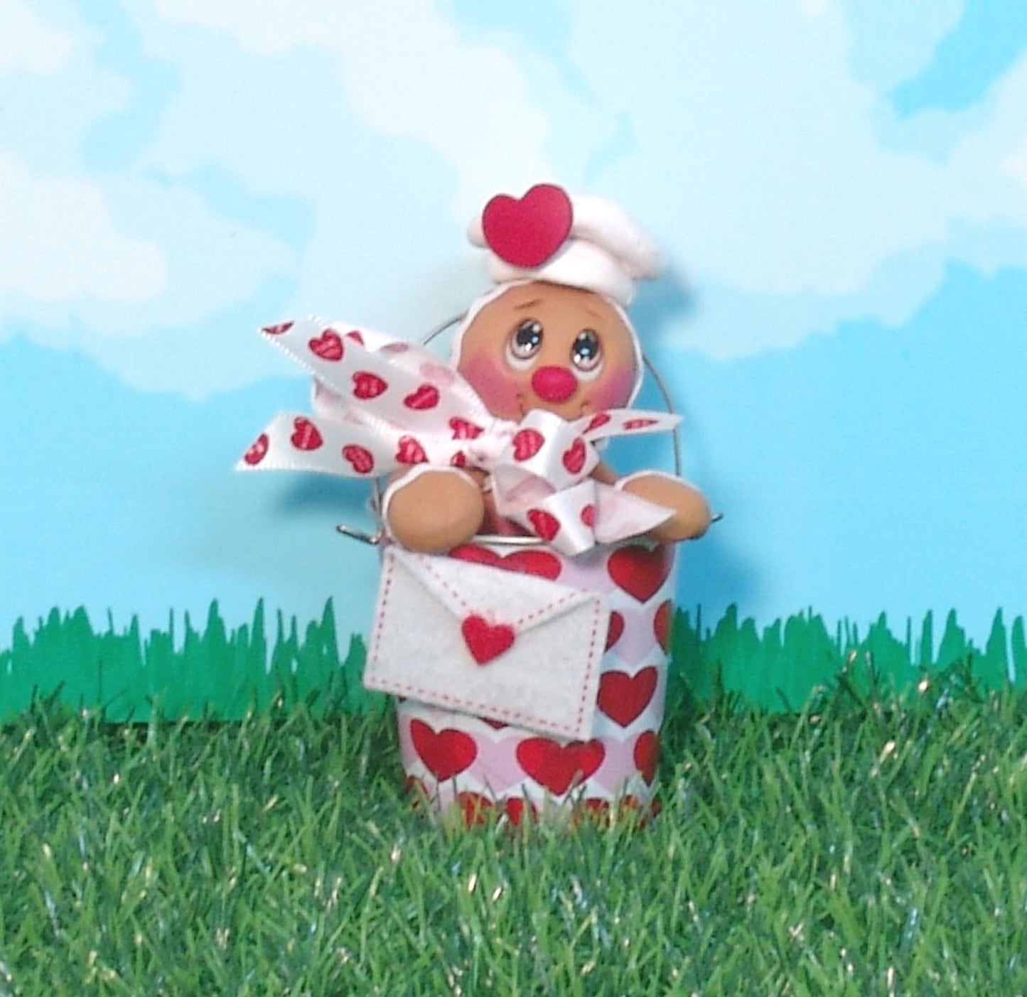 Valentine Gingy Gingerbread Figurine in Valentine Bucket Handmade Polymer Clay Valentine Decor