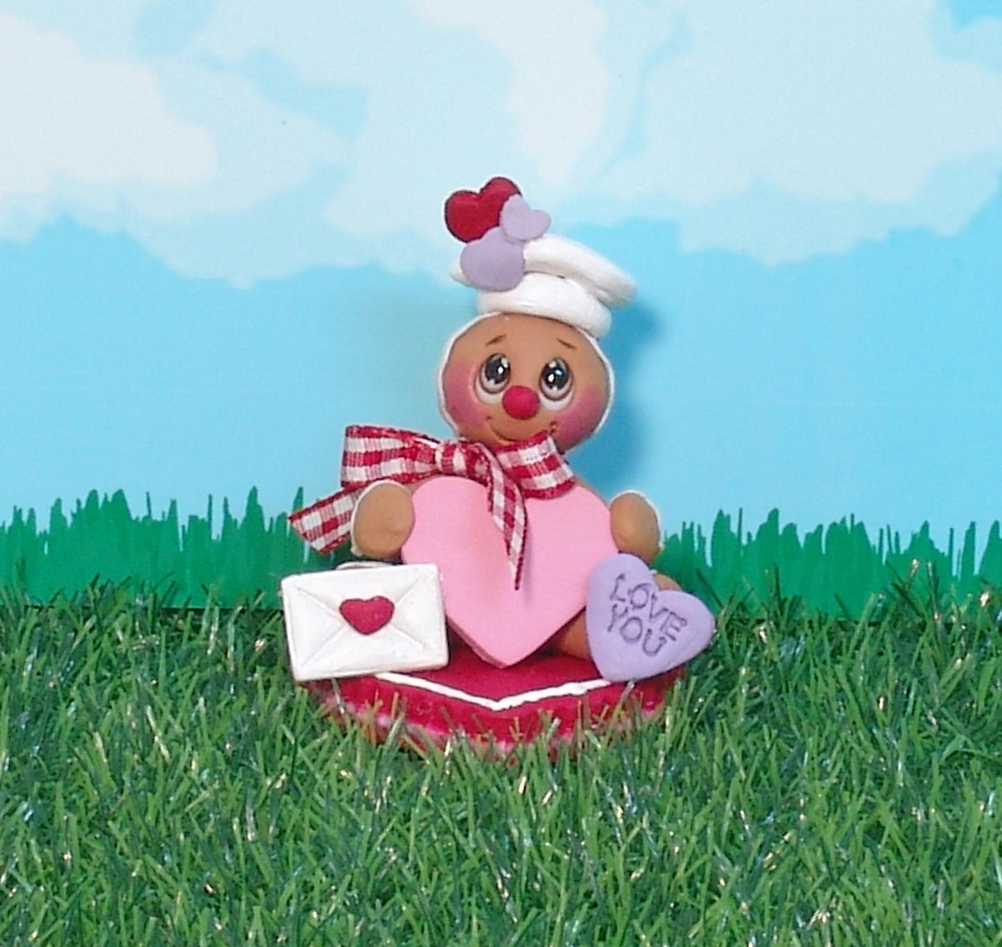 Valentine Gingy Gingerbread Figurine Sitting on a Heart Handmade Polymer Clay Valentine Tiered Tray Decor