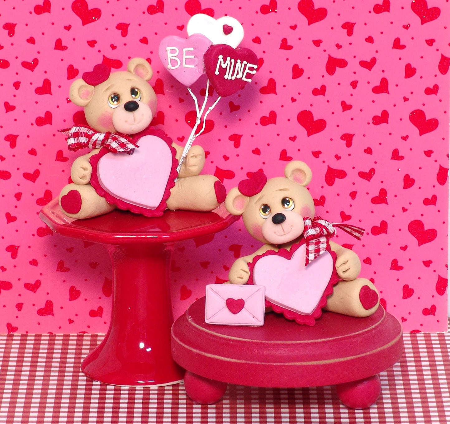 Bear with Heart and Heart Balloons with "Bee Mine " Handmade Polymer Clay Valentine Decor - Tiered Tray