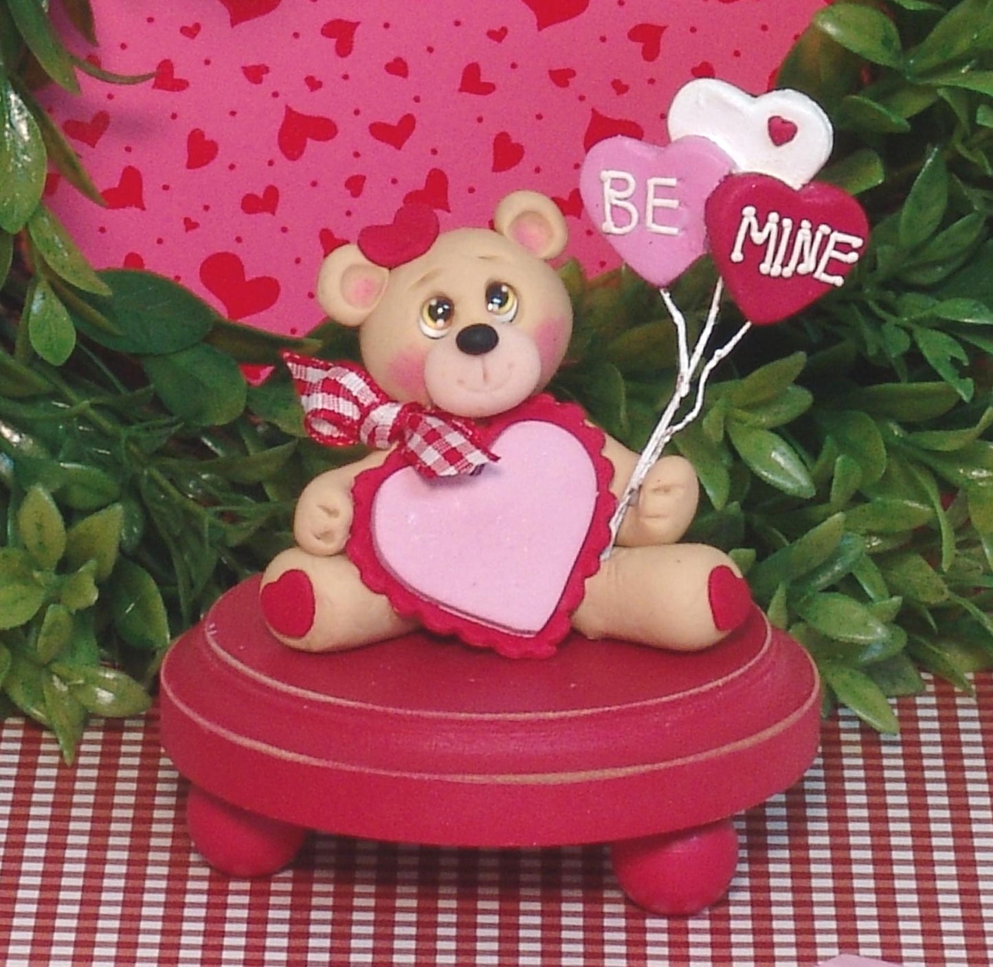 Bear with Heart and Heart Balloons with "Bee Mine " Handmade Polymer Clay Valentine Decor - Tiered Tray