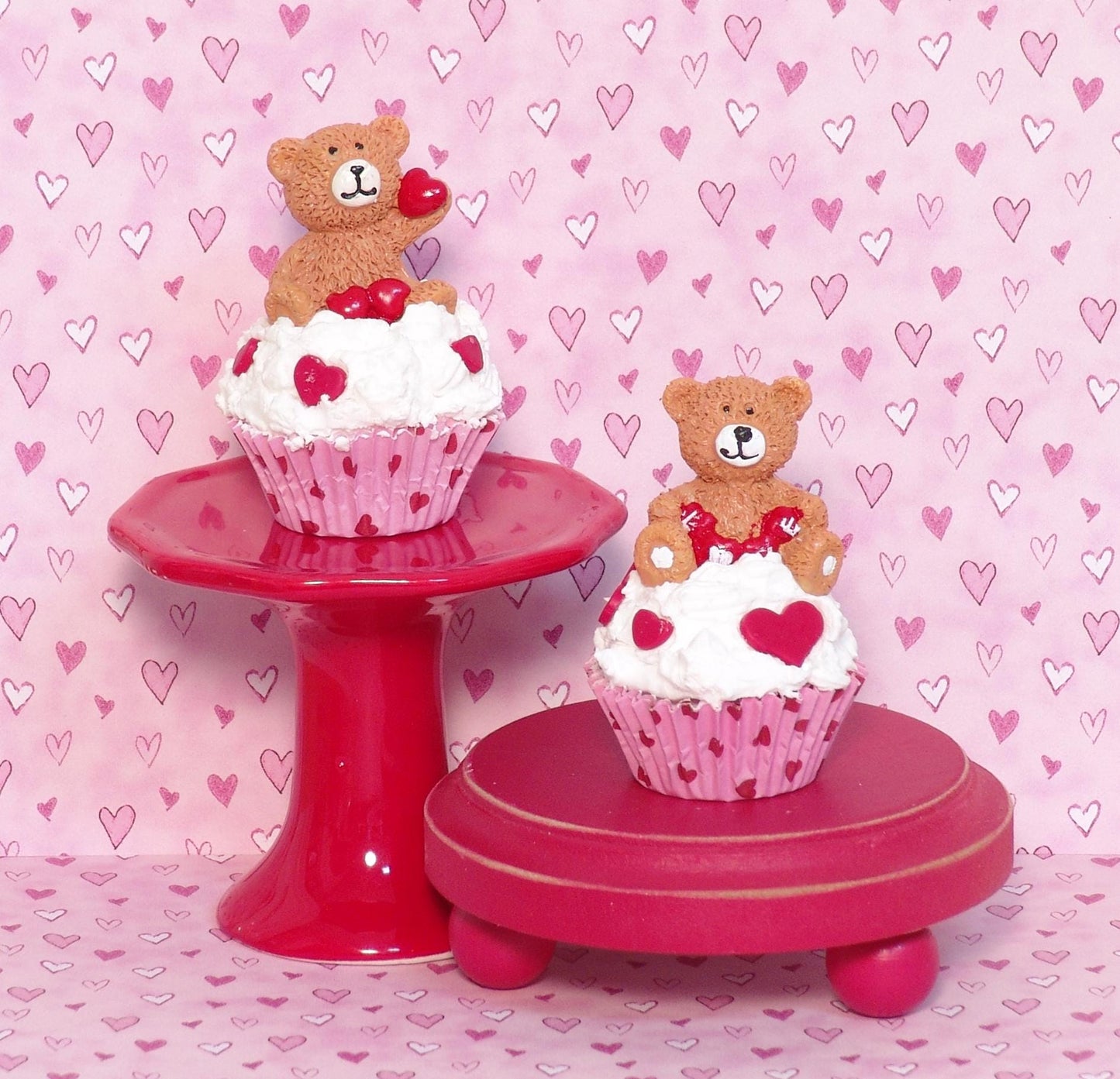 Valentine Cupcake with Bear Figurine / Handmade Polymer Clay Tiered Tray Decor