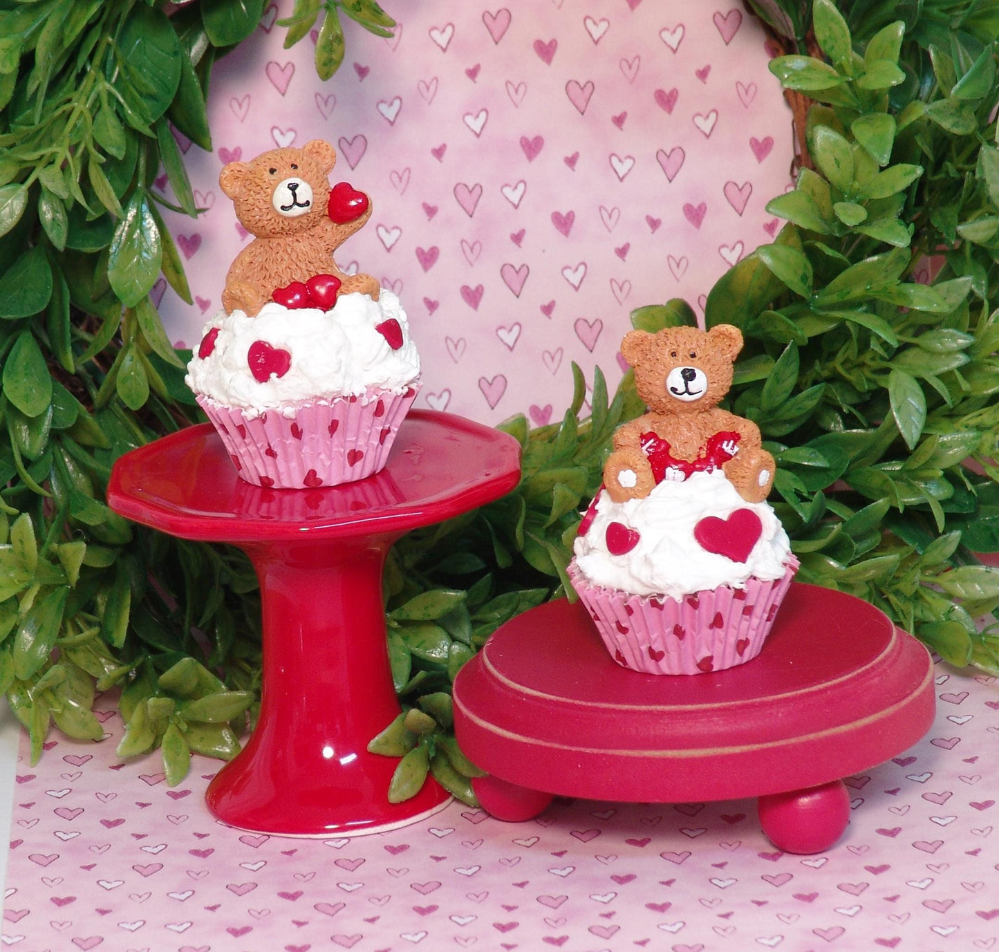 Valentine Cupcake with Bear Figurine / Handmade Polymer Clay Tiered Tray Decor