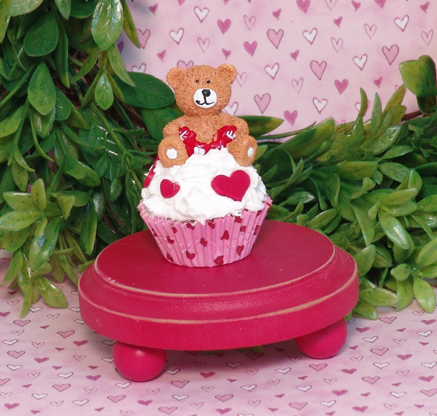 Valentine Cupcake with Bear Figurine / Handmade Polymer Clay Tiered Tray Decor
