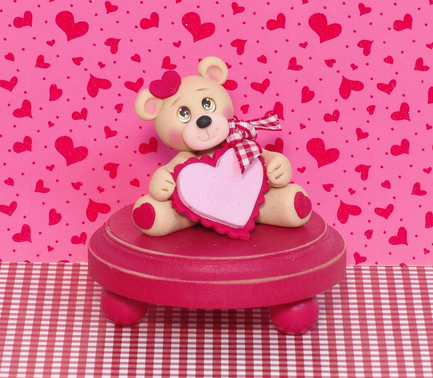 Bear with Valentine Heart Handmade Polymer Clay Valentine Decor - Tiered Tray