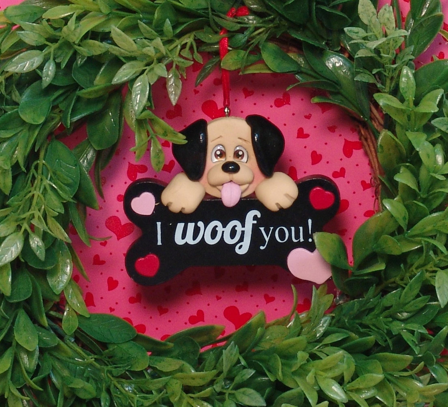 Puppy Dog "I Woof You" Handmade Polymer Clay Personalized Valentine Ornament