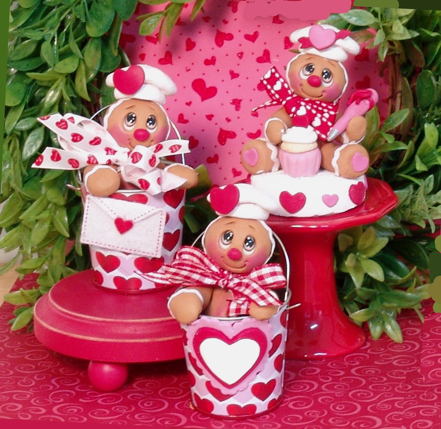 Valentine Gingy Gingerbread Figurine in Valentine Bucket Handmade Polymer Clay Valentine Decor
