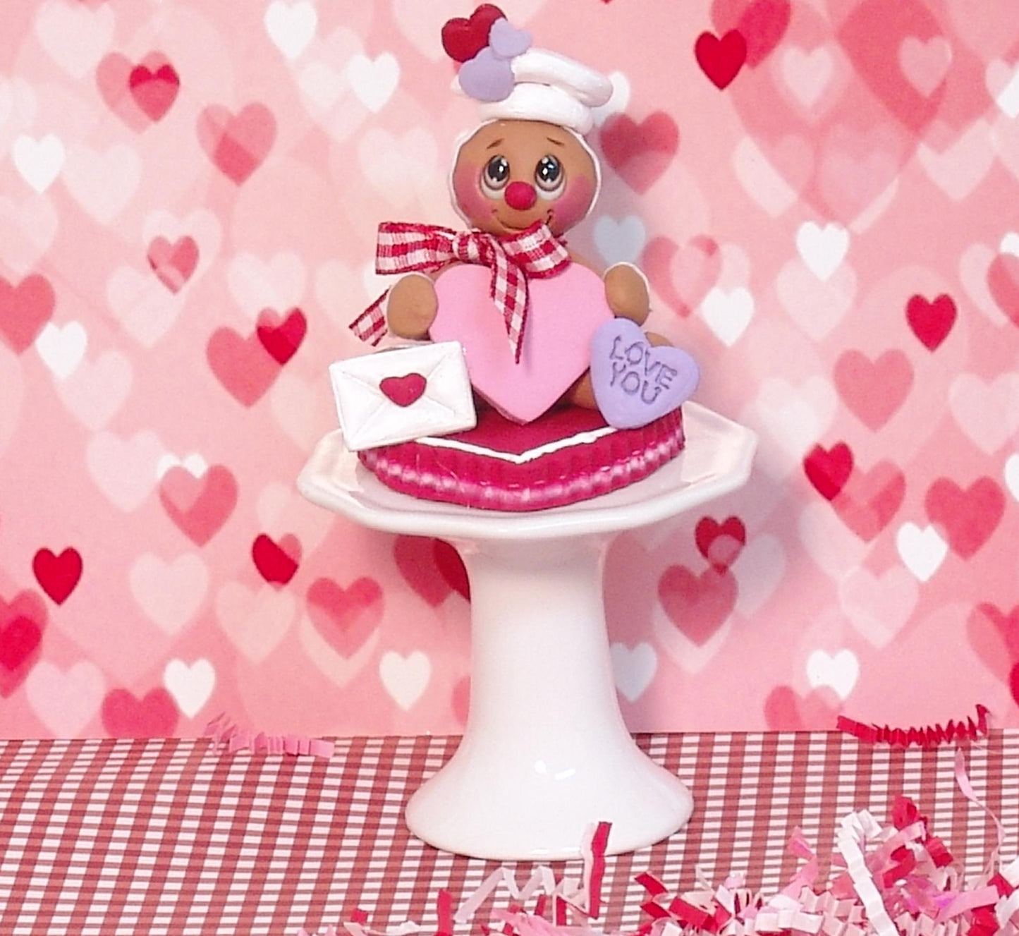 Valentine Gingy Gingerbread Figurine Sitting on a Heart Handmade Polymer Clay Valentine Tiered Tray Decor