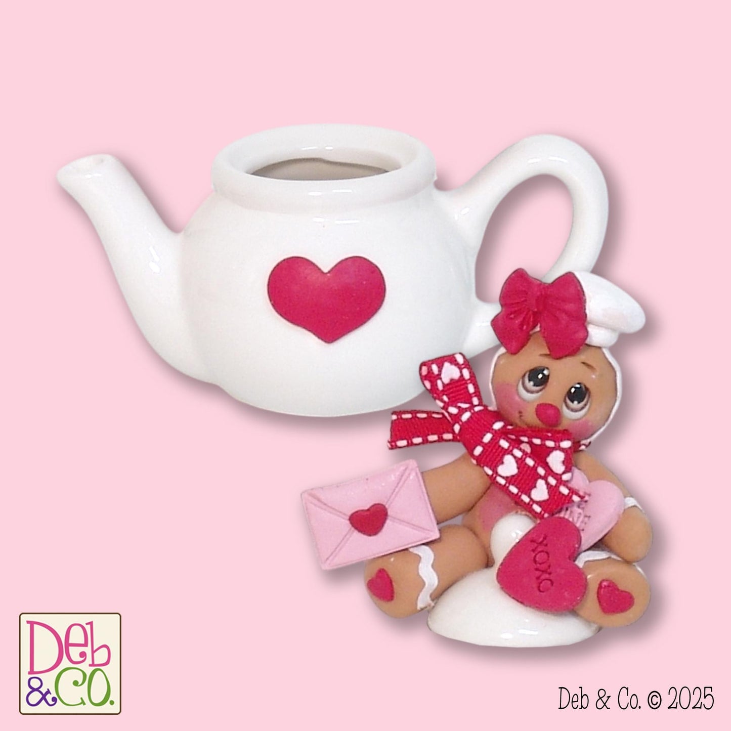 Valentine Gingy Gingerbread Figurine in Valentine Bucket Handmade Polymer Clay Valentine Tiered Tray Decor