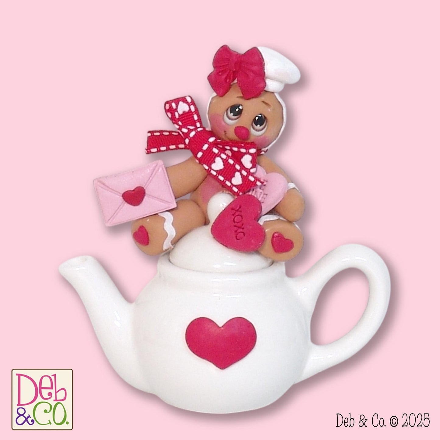 Valentine Gingy Gingerbread Figurine in Valentine Bucket Handmade Polymer Clay Valentine Tiered Tray Decor