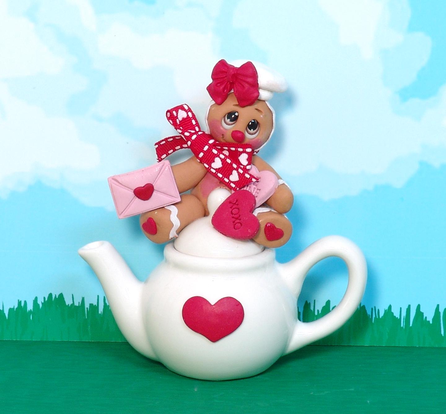 Valentine Gingy Gingerbread Figurine in Valentine Bucket Handmade Polymer Clay Valentine Tiered Tray Decor