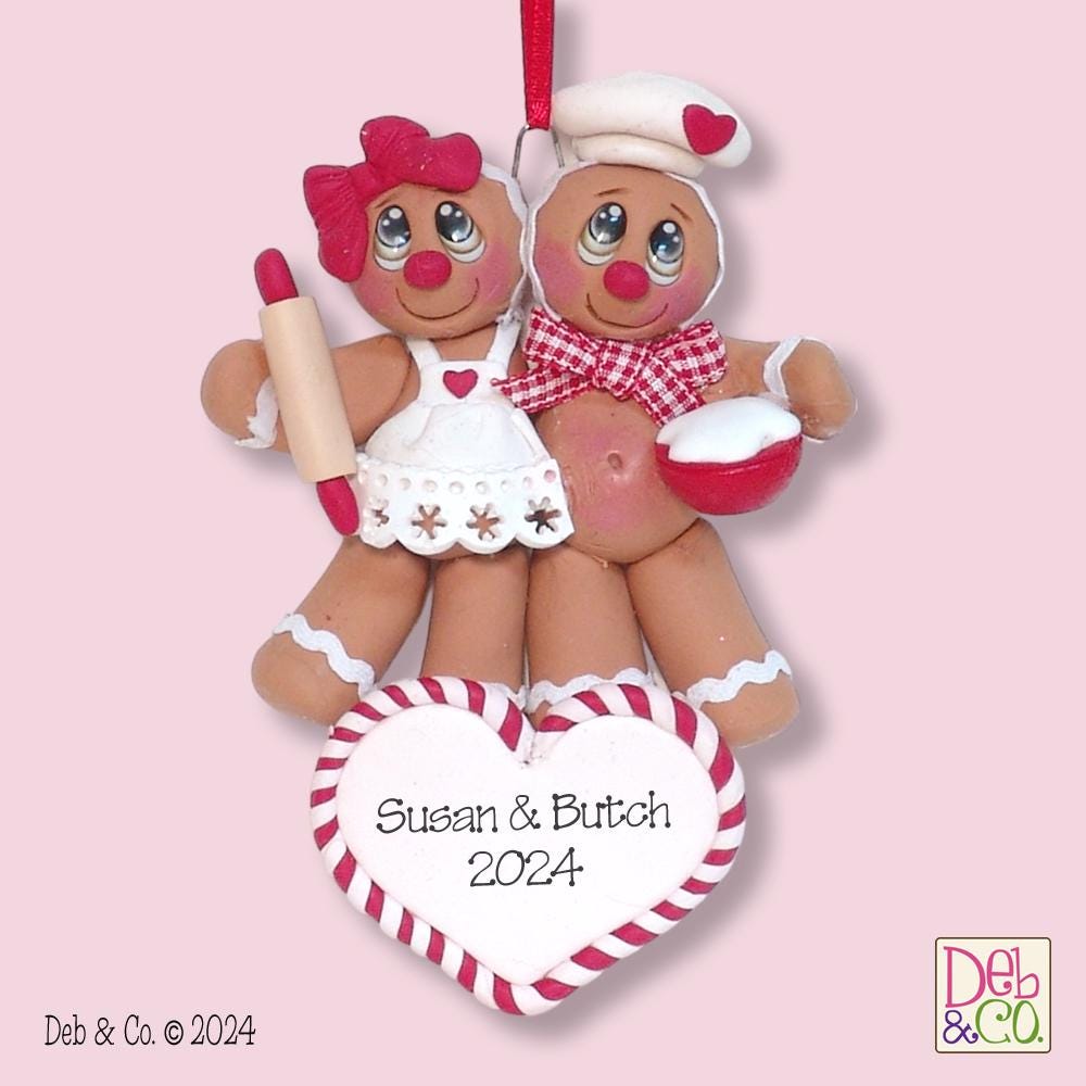 Gingerbread Couple w/Candy Cane Heart HANDMADE POLYMER CLAY Gingy Christmas Ornament - Limited Edition - Tiered Tray Decor