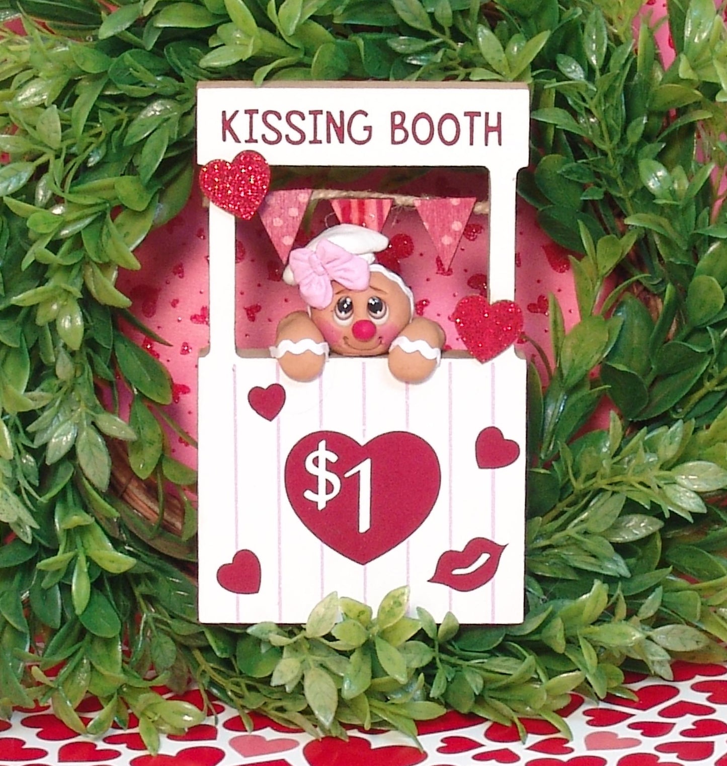 Little Gingy Gingerbread Figurine in Kissing Booth / Handmade Polymer Clay Tiered Tray Valentine Decoration