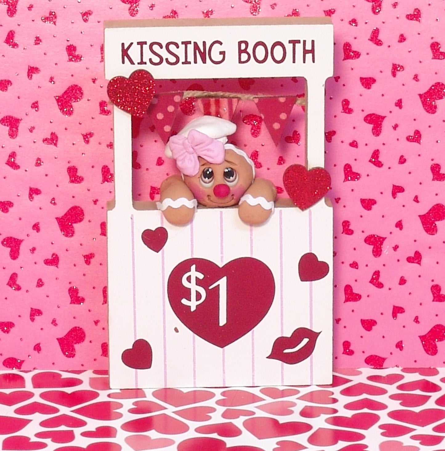 Little Gingy Gingerbread Figurine in Kissing Booth / Handmade Polymer Clay Tiered Tray Valentine Decoration