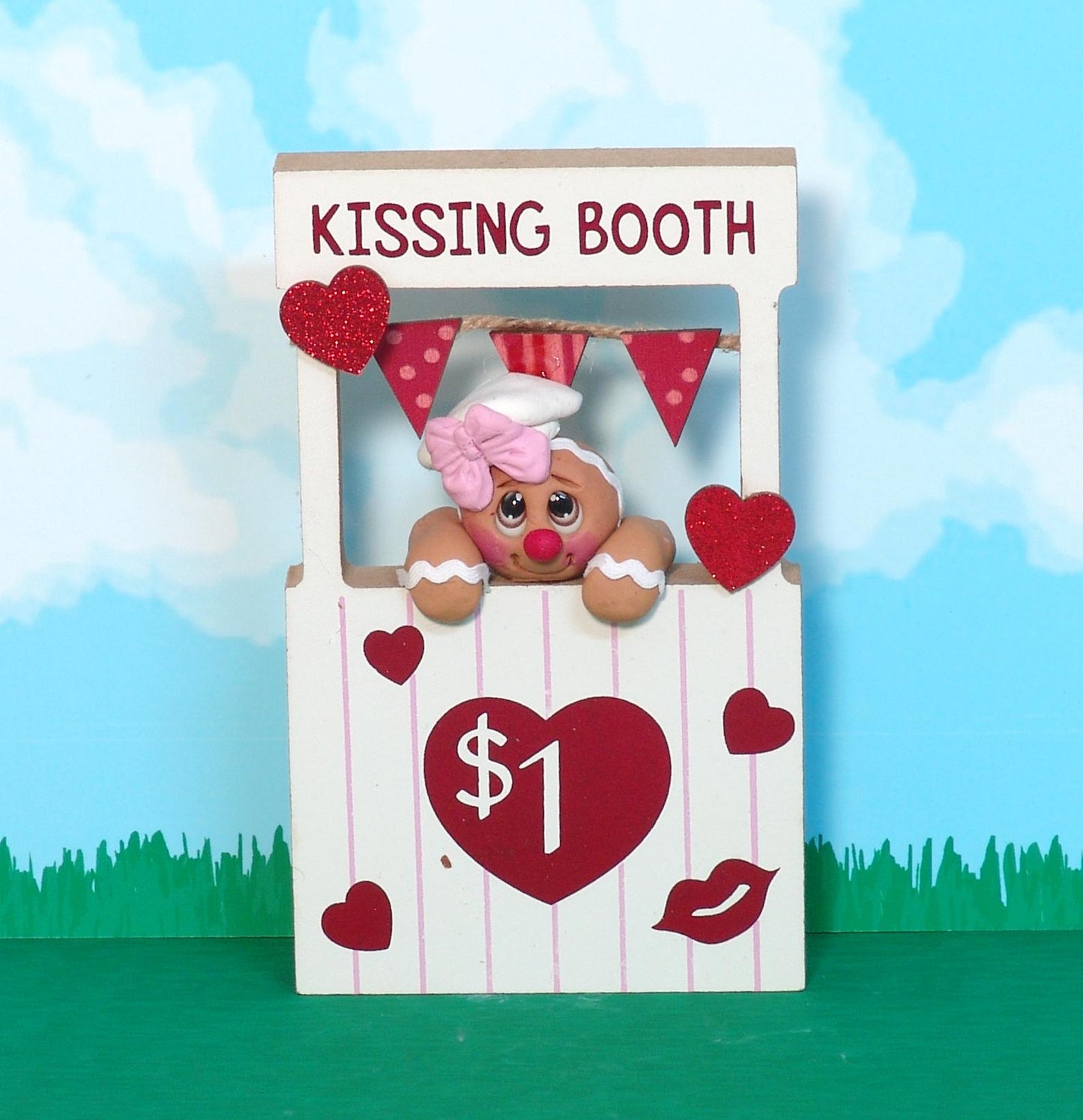 Little Gingy Gingerbread Figurine in Kissing Booth / Handmade Polymer Clay Tiered Tray Valentine Decoration
