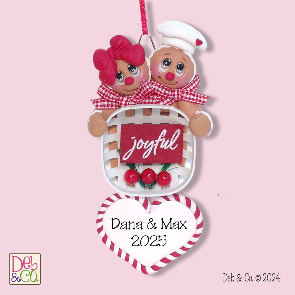 Gingerbread Couple Holding Basket with "Joyful" sign. HANDMADE POLYMER CLAY Gingy Personalized Christmas Ornament