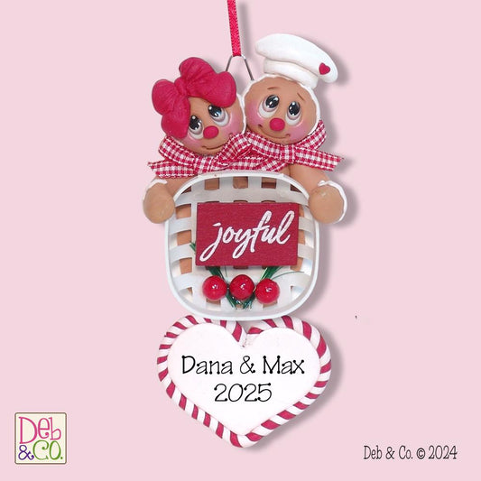 Gingerbread Couple Holding Basket with "Joyful" sign. HANDMADE POLYMER CLAY Gingy Personalized Christmas Ornament