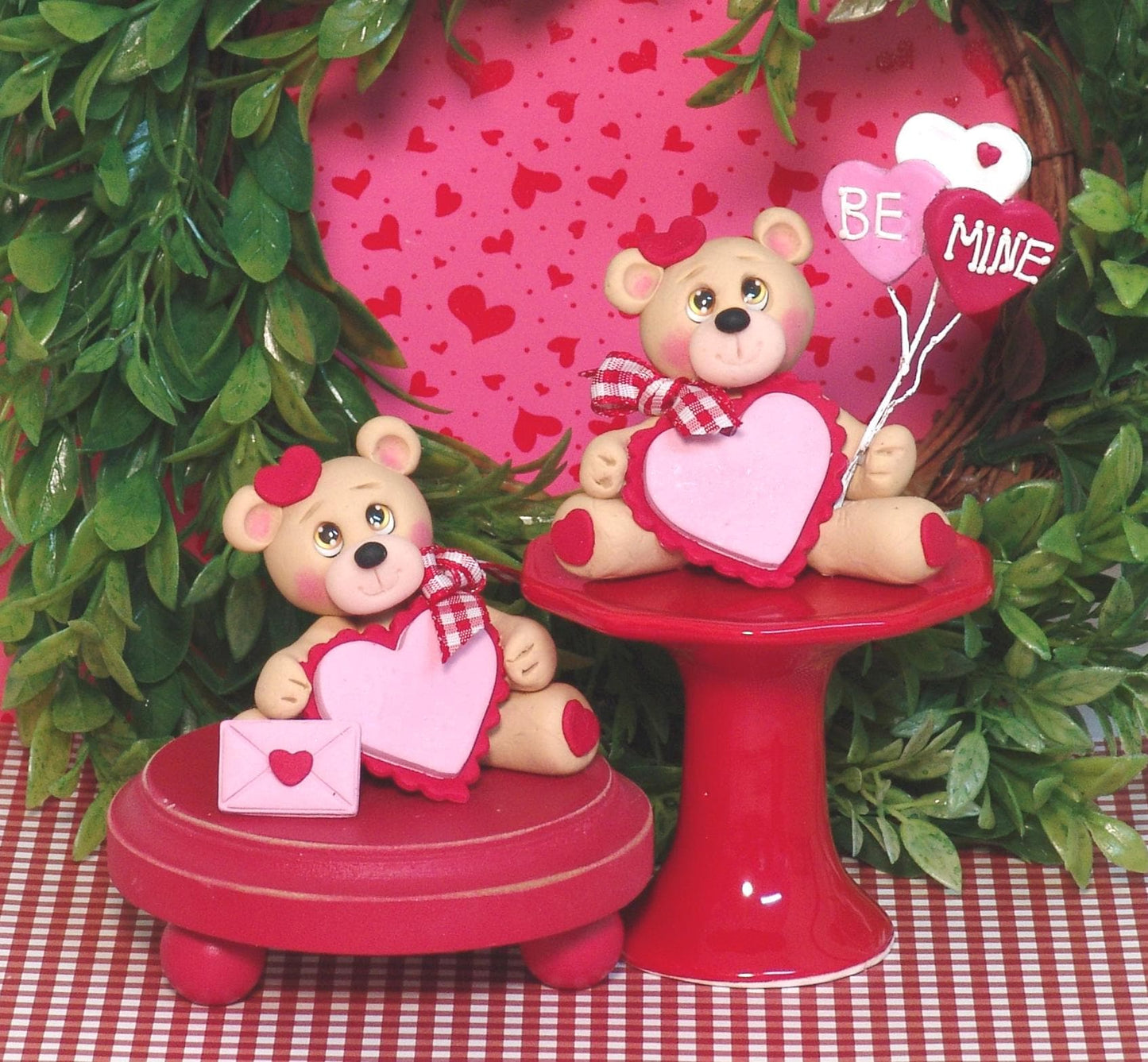 Bear with Heart and Heart Balloons with "Bee Mine " Handmade Polymer Clay Valentine Decor - Tiered Tray