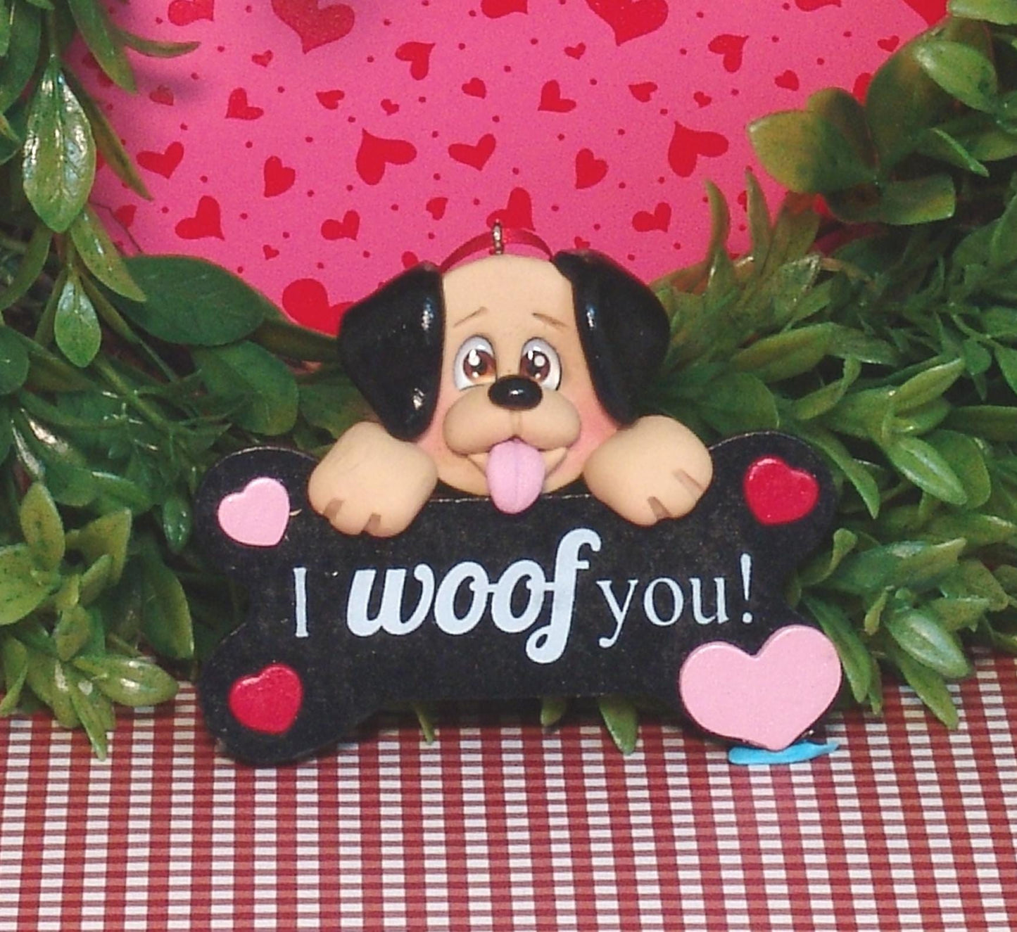 Puppy Dog "I Woof You" Handmade Polymer Clay Personalized Valentine Ornament