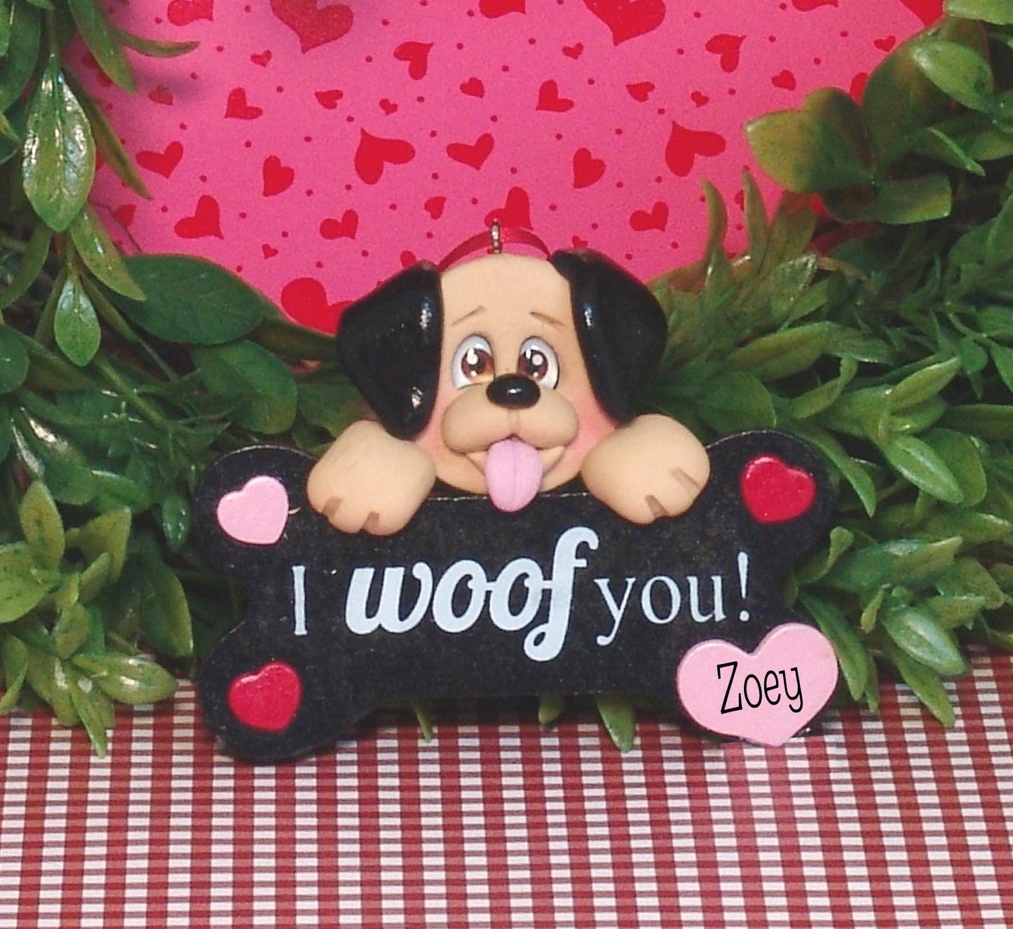 Puppy Dog "I Woof You" Handmade Polymer Clay Personalized Valentine Ornament