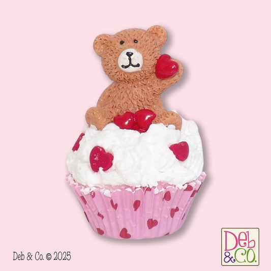 Valentine Cupcake with Bear Figurine /  Handmade Polymer Clay Tiered Tray Decor