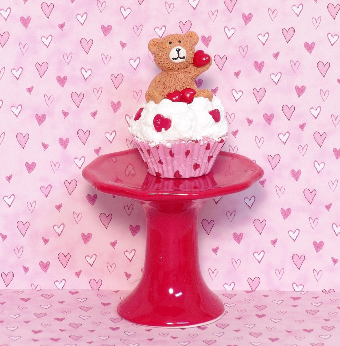 Valentine Cupcake with Bear Figurine / Handmade Polymer Clay Tiered Tray Decor
