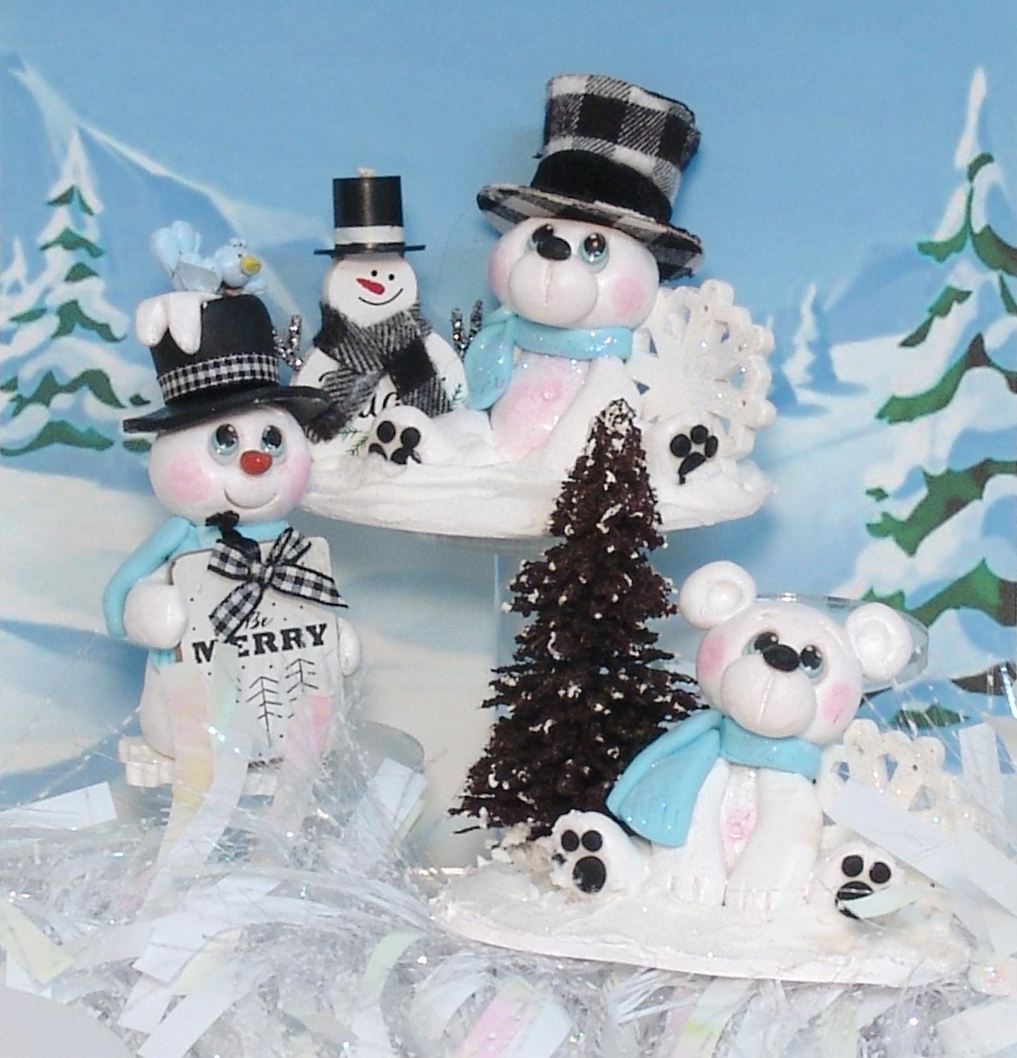 Polar Bear with Wooden Snowman Figurine - Personalized Ornament Tiered Tray Decor