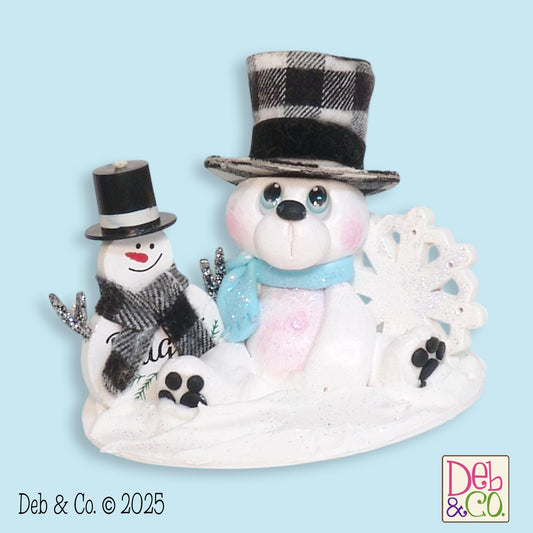 Polar Bear with Wooden Snowman Figurine - Personalized Ornament Tiered Tray Decor