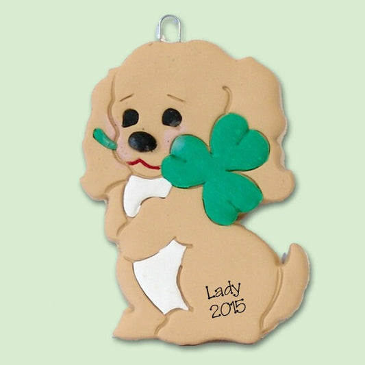 Personalized Puppy Dog w/Clover Christmas Ornament HANDMADE Polymer Clay
