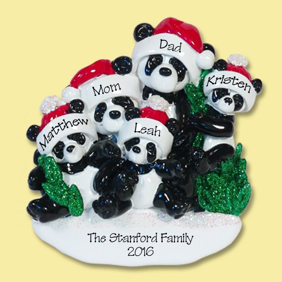 Panda Bear Family of 5 HAND PAINTED RESIN Personalized Christmas Ornament