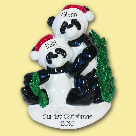Panda Bear Family of 2 Couples HAND PAINTED RESIN Personalized Christmas Ornament