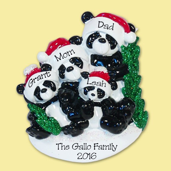 Panda Bear Family of 4 HAND PAINTED RESIN Personalized Christmas Ornament
