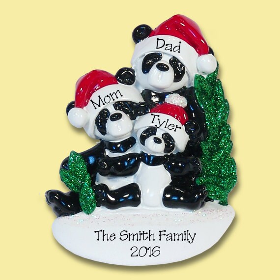 Panda Bear Family of 3 HAND PAINTED RESIN Personalized Christmas Ornament