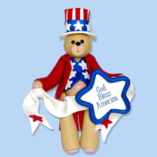 PATRIOTIC  Belly Bear Handmade Polymer Clay Personalized Christmas Ornament