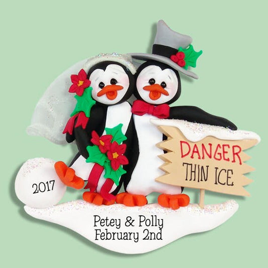 PENGUIN Bride & Groom Wedding Couple HANDMADE Polymer Clay Personalized Christmas Ornament