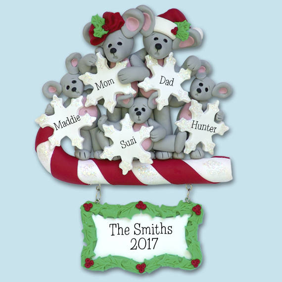Merry Mouse Family of 5 HANDMADE Polymer Clay Personalized Christmas Ornament