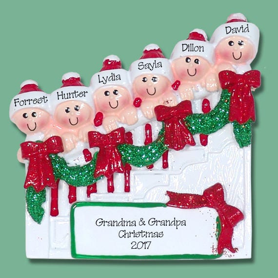 Personalized Christmas Ornament Staircase Family of 6 - HAND PAINTED RESIN - Family Ornament