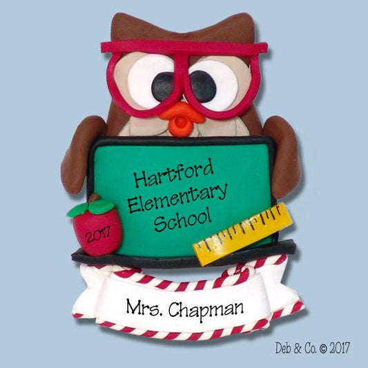 Owl with Blackboard Teacher / School  HANDMADE POLYMER CLAY Personalized Christmas Ornament Limited Edition