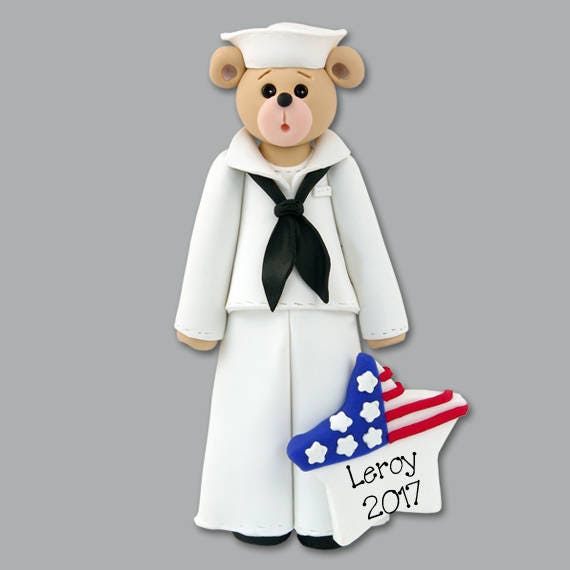 Navy Sailor Belly Bear / Handmade Polymer Clay Ornament- Personalized Christmas Ornament - Limited Edition