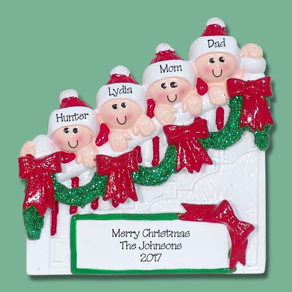 Personalized Christmas Ornament Staircase Family of 4 - HAND PAINTED RESIN - Family Ornament