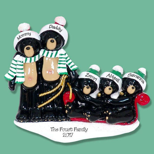 Black Bear Family of 5 in Sled HAND PAINTED RESIN Personalized Christmas Ornament