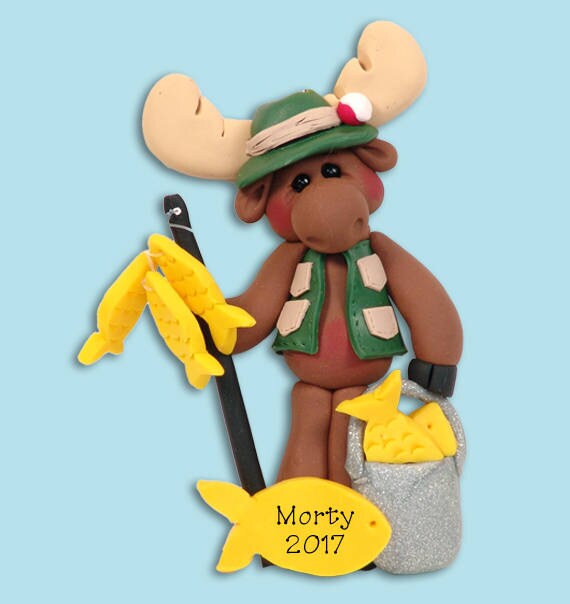 Mortimer Moose Fisherman HANDMADE Polymer Clay Personalized Christmas Ornament - Limited Edition