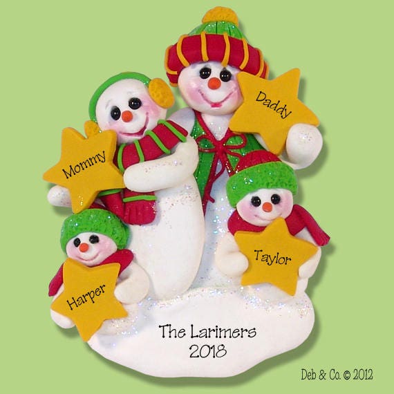 Personalized Christmas Ornaments - Snowman Family Ornament of 5 w/Stars - Handmade Polymer Clay Christmas Ornaments - Custom Ornaments