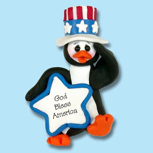Patriotic Petey Penguin HANDMADE POLYMER Clay Ornament - Limited Edition - Personalized Christmas Ornament