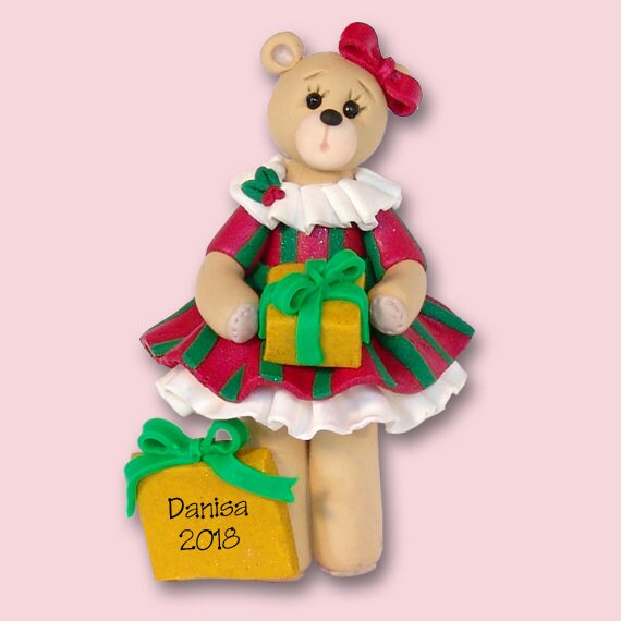 Personalized Christmas Ornaments, Gift For Little Girl, Belly Bear Girl in Christmas Outfit, HANDMADE Polymer Clay Personalized Ornaments