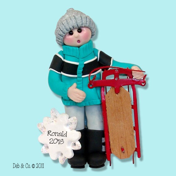 Personalized Christmas Ornaments, Boy with Sled Personalized Ornament,Polymer Clay HANDMADE Ornament in Custom Gift Box